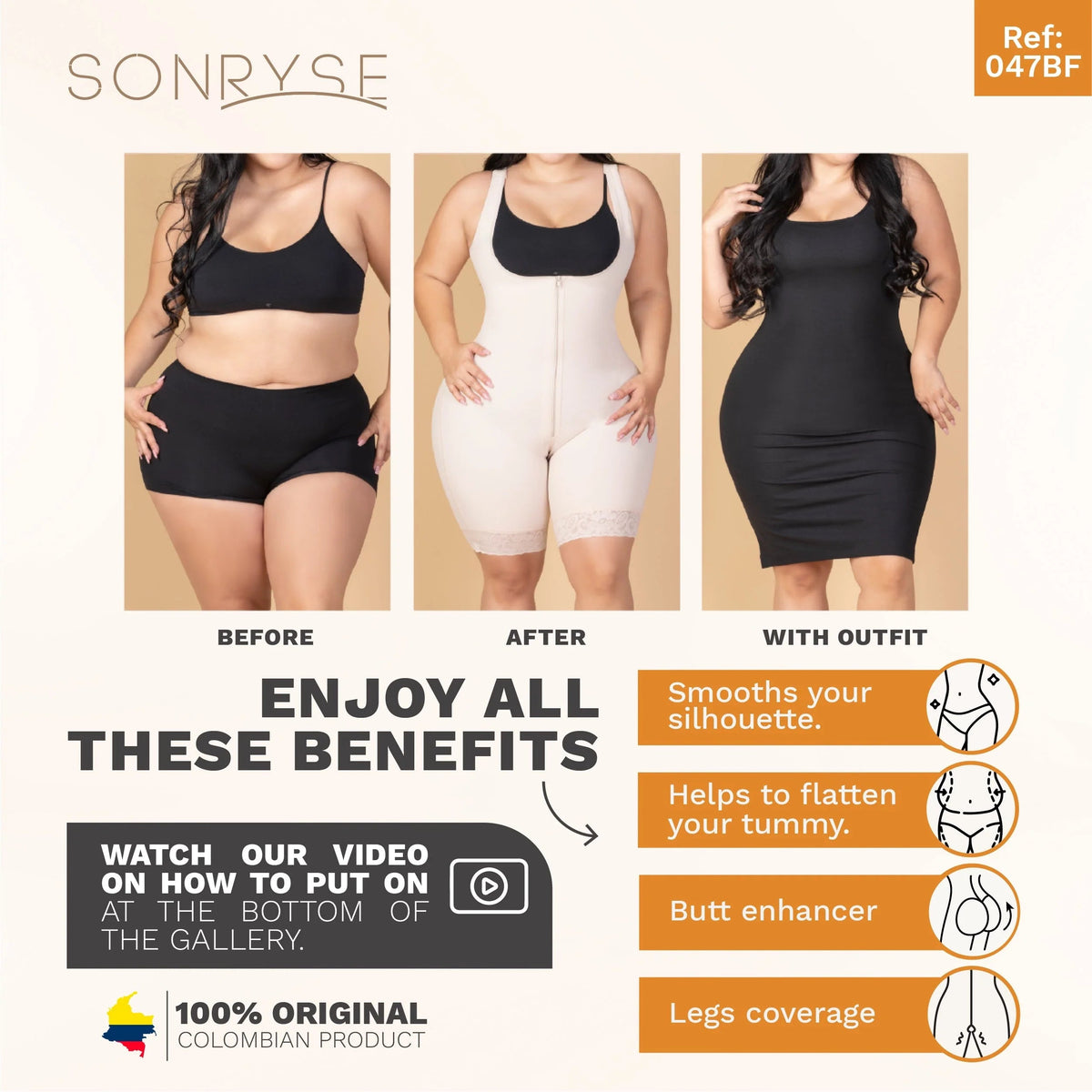SONRYSE 047BF | Postpartum Post Surgery Compression Garment | Tummy Control Butt Lifter Body Shaper | Daily Use Open Bust Shapewear | Powernet - Colombian Shapewear | Siluets