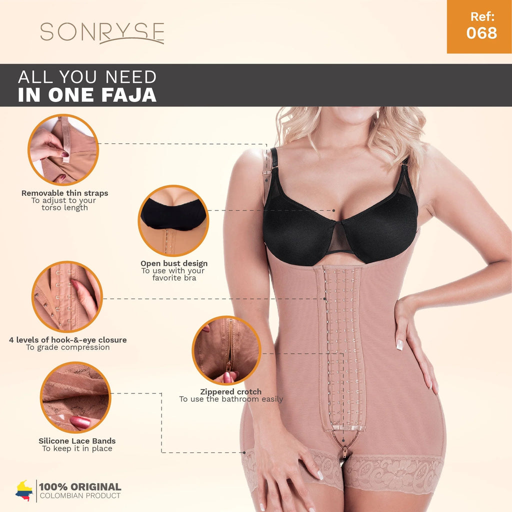 Sonryse 068BF Colombian Postpartum & Post - Surgery Faja – High Compression Tummy Control Bodysuit with Open Bust & Butt Lift | Powernet Shapewear - Colombian Shapewear | Siluets