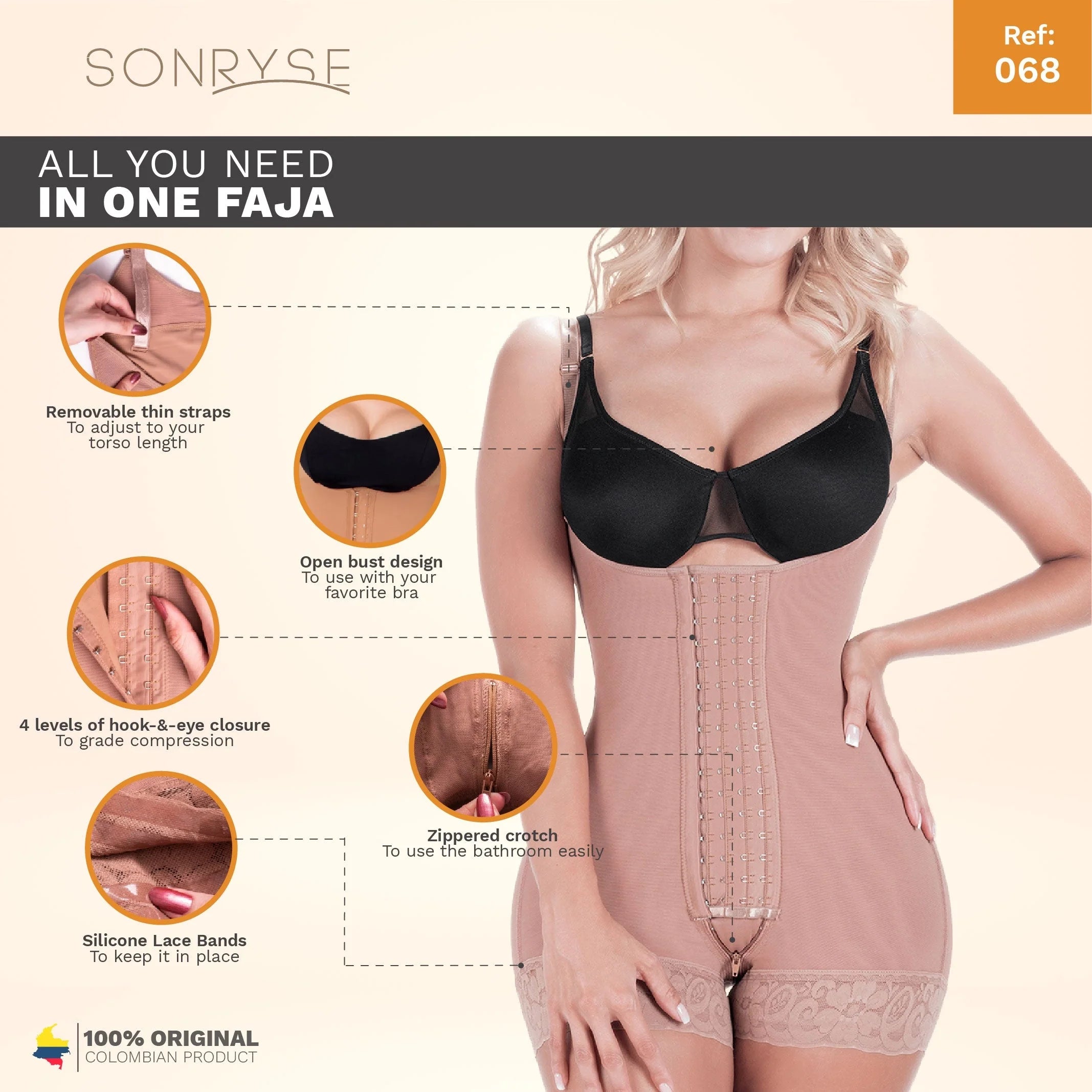 Sonryse 068BF Colombian Postpartum & Post-Surgery Faja – High Compression Tummy Control Bodysuit with Open Bust & Butt Lift | Powernet Shapewear