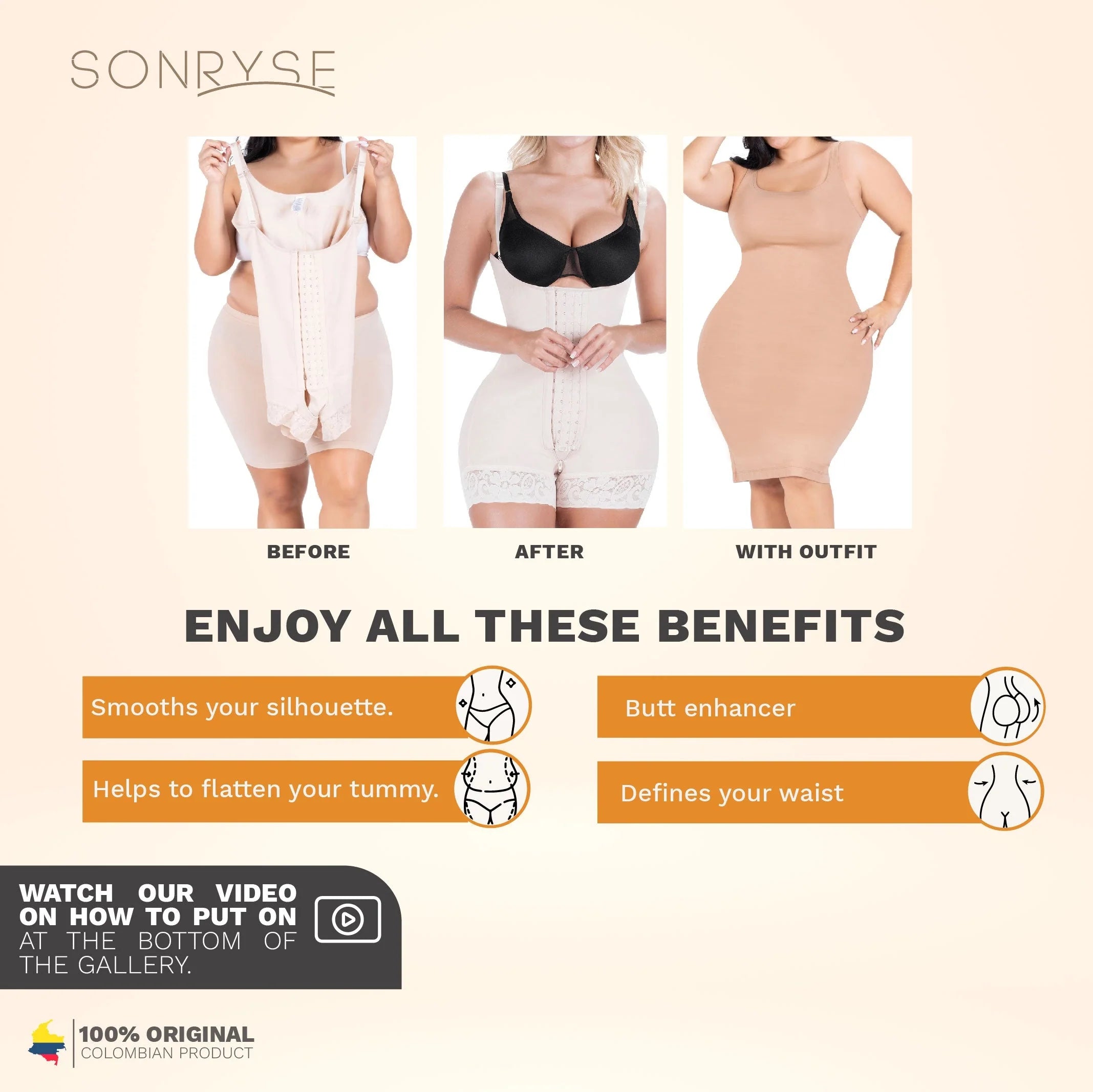 Sonryse 068BF Colombian Postpartum & Post-Surgery Faja – High Compression Tummy Control Bodysuit with Open Bust & Butt Lift | Powernet Shapewear