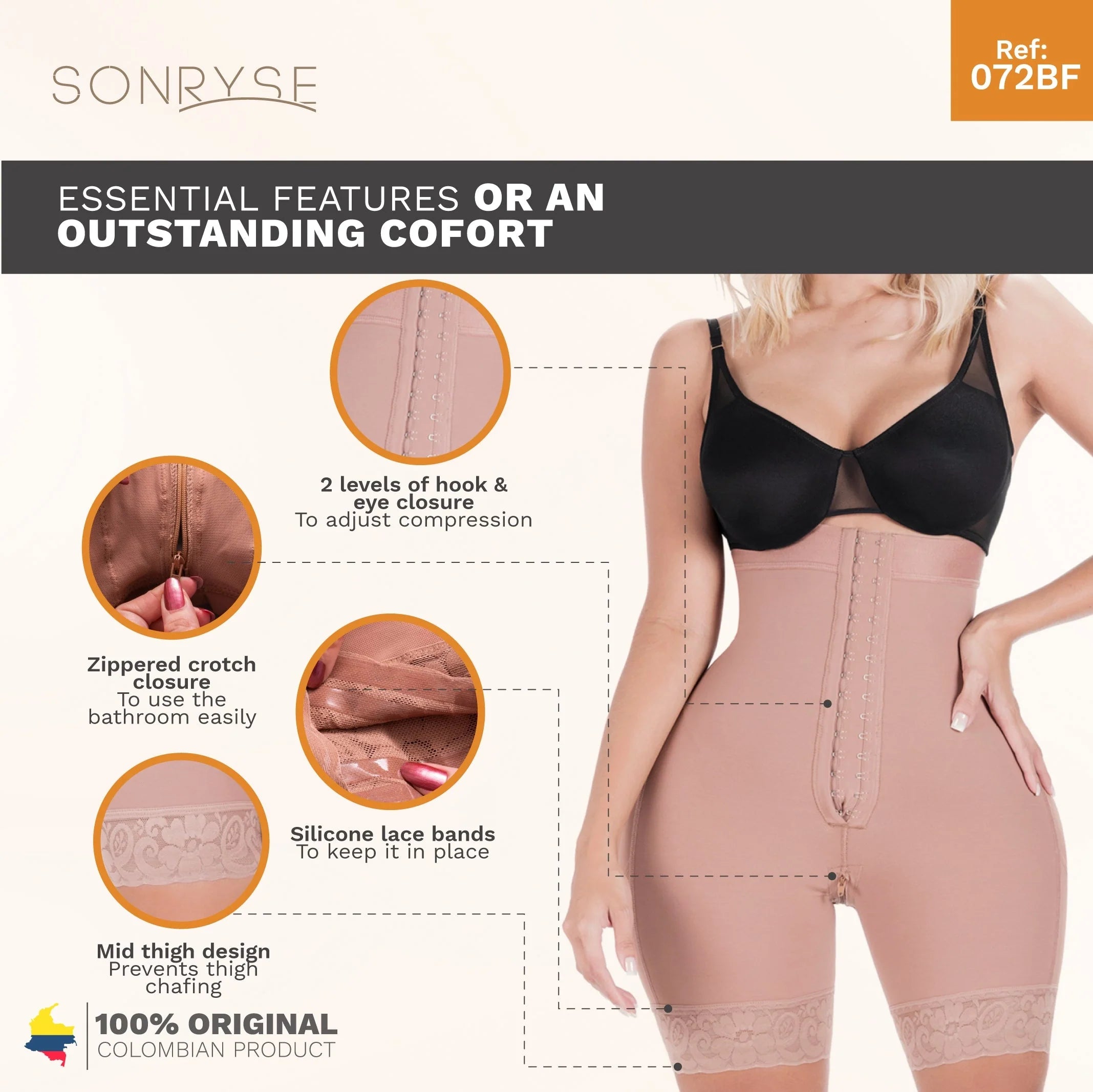 Sonryse 072BF Colombian Butt Lifting Shapewear Shorts – High Waist Powernet Tummy Control Faja | Strapless Compression Shorts for Daily Use
