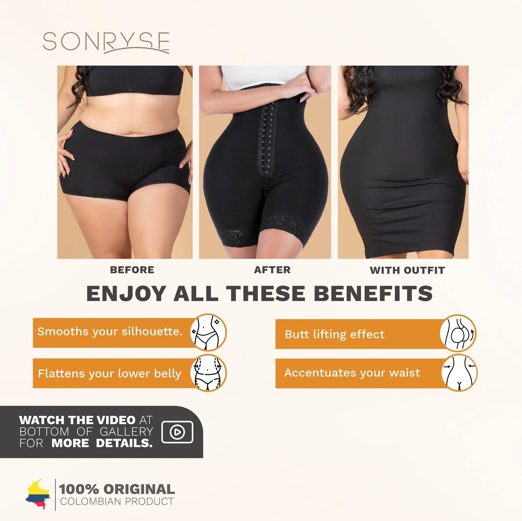 Sonryse 072BF Colombian Butt Lifting Shapewear Shorts – High Waist Powernet Tummy Control Faja | Strapless Compression Shorts for Daily Use