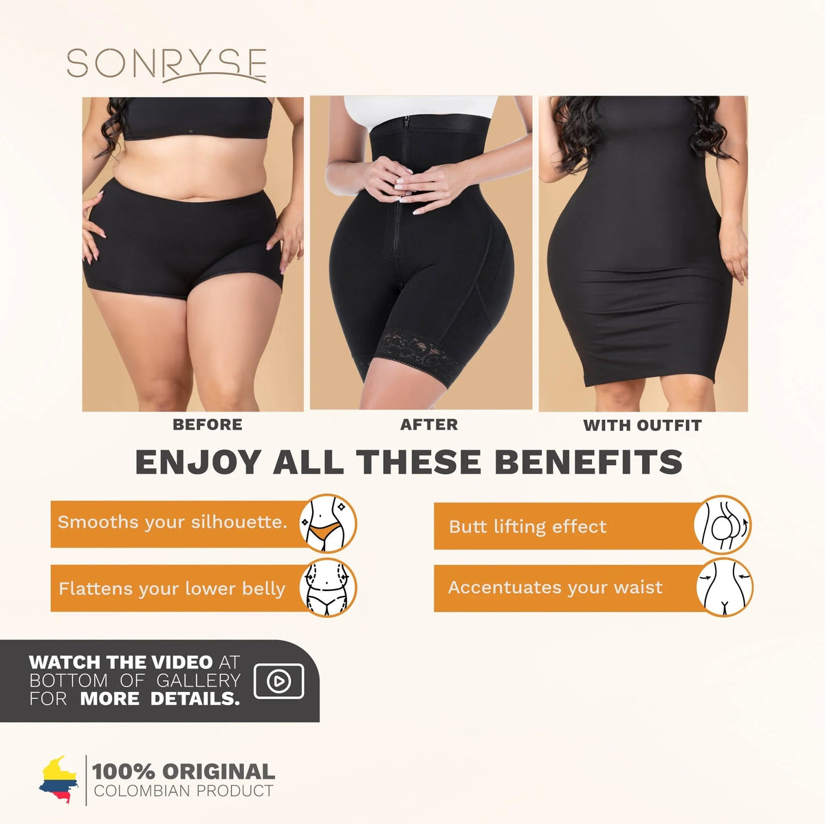 SONRYSE 073ZF | Fajas Colombianas High Waisted Shapewear Shorts | Daily Use Butt Lifting Garment | Powernet - Colombian Shapewear | Siluets