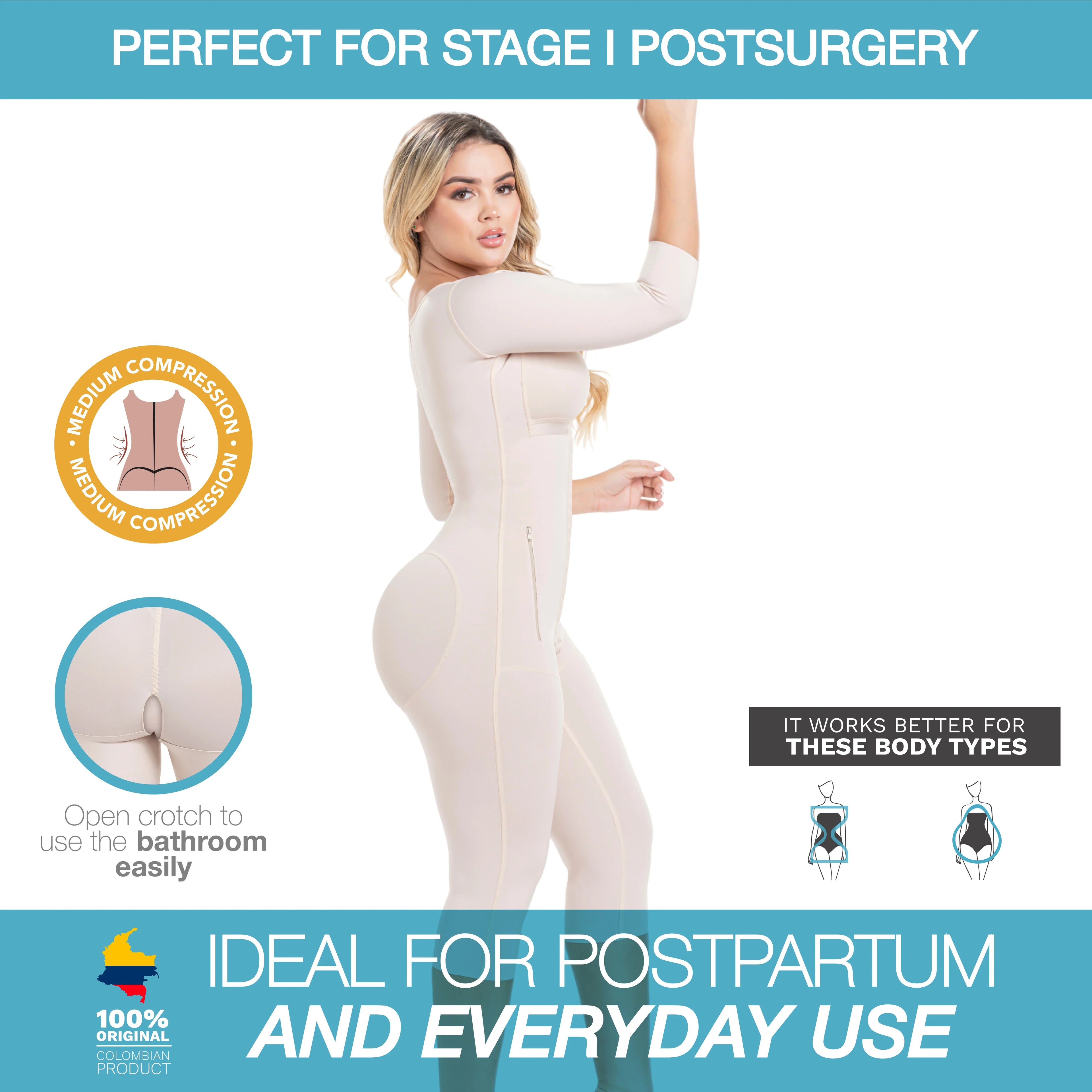 Sonryse M104BF Colombian Faja – Stage 1 Post Surgery BBL Compression Garment with Built-In Bra & 3/4 Sleeves