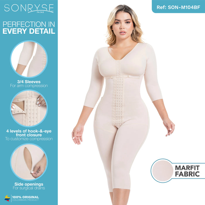 Sonryse M104BF Colombian Faja – Stage 1 Post Surgery BBL Compression Garment with Built - In Bra & 3/4 Sleeves - Colombian Shapewear | Siluets