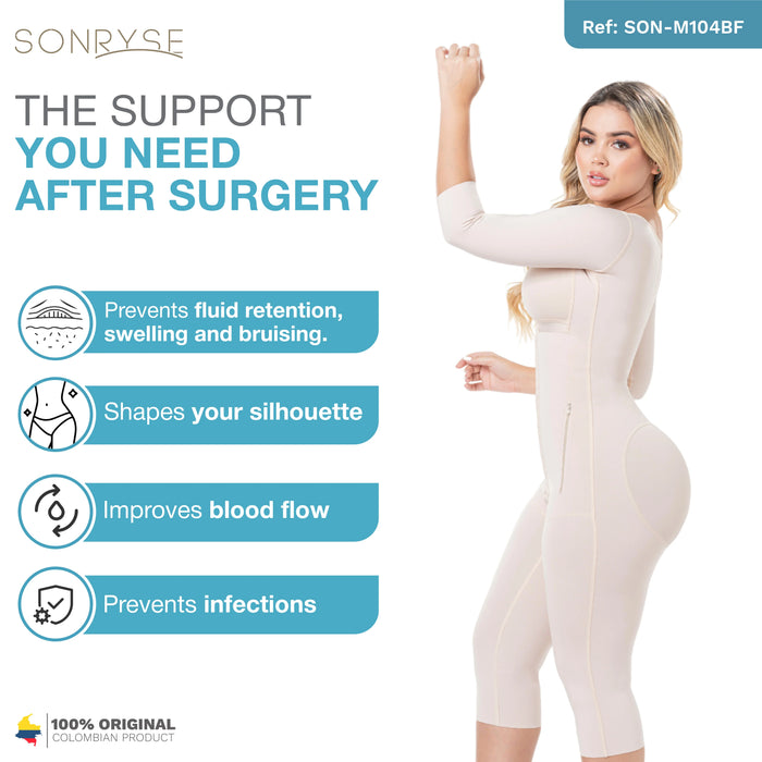 Sonryse M104BF Colombian Faja – Stage 1 Post Surgery BBL Compression Garment with Built - In Bra & 3/4 Sleeves - Colombian Shapewear | Siluets