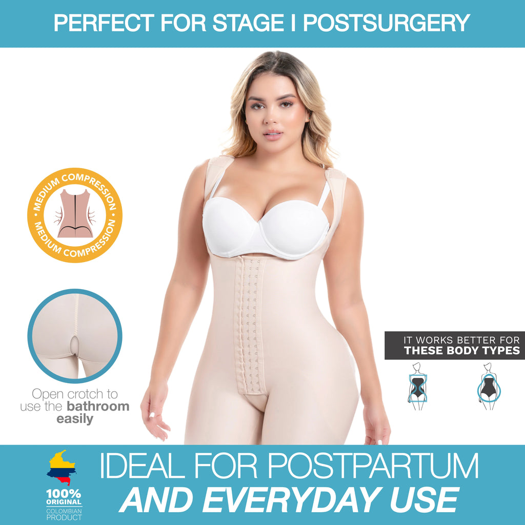 Woman wearing a post-surgery compression garment with product features highlighted on a white background.