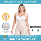 Woman wearing a post-surgery compression garment with product features highlighted on a white background.