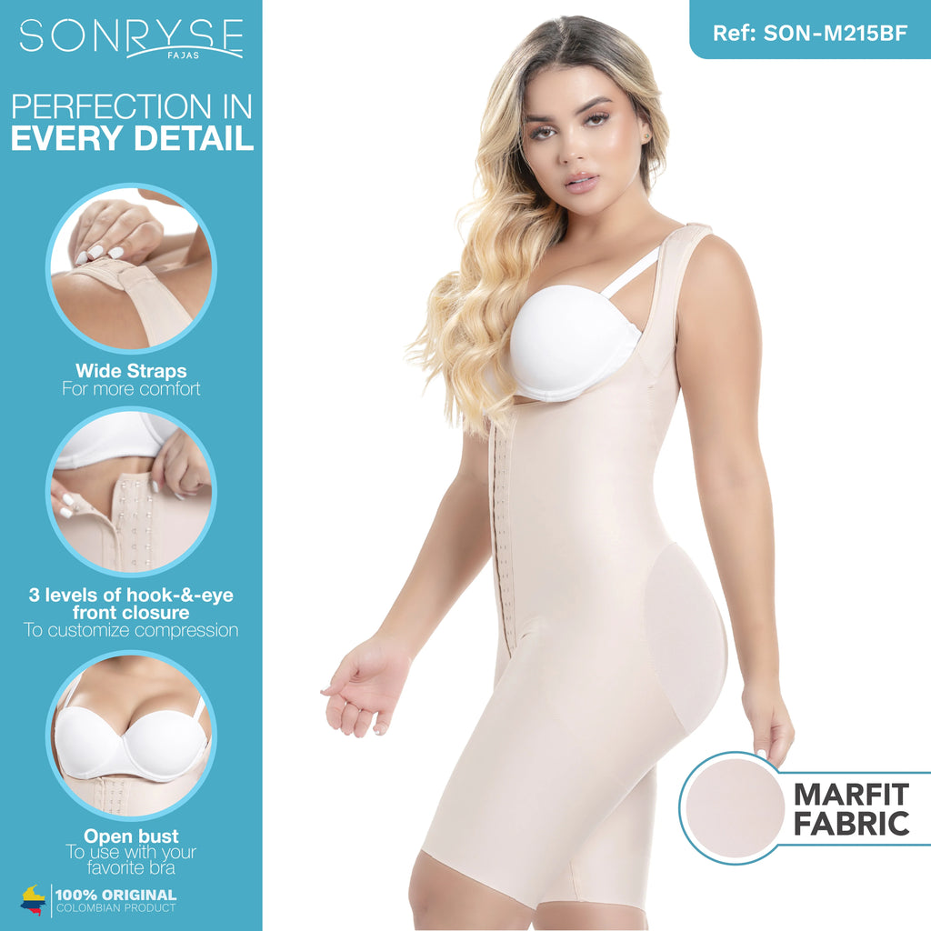 Woman wearing a beige shapewear garment with Sonryse branding and product features on a blue background.