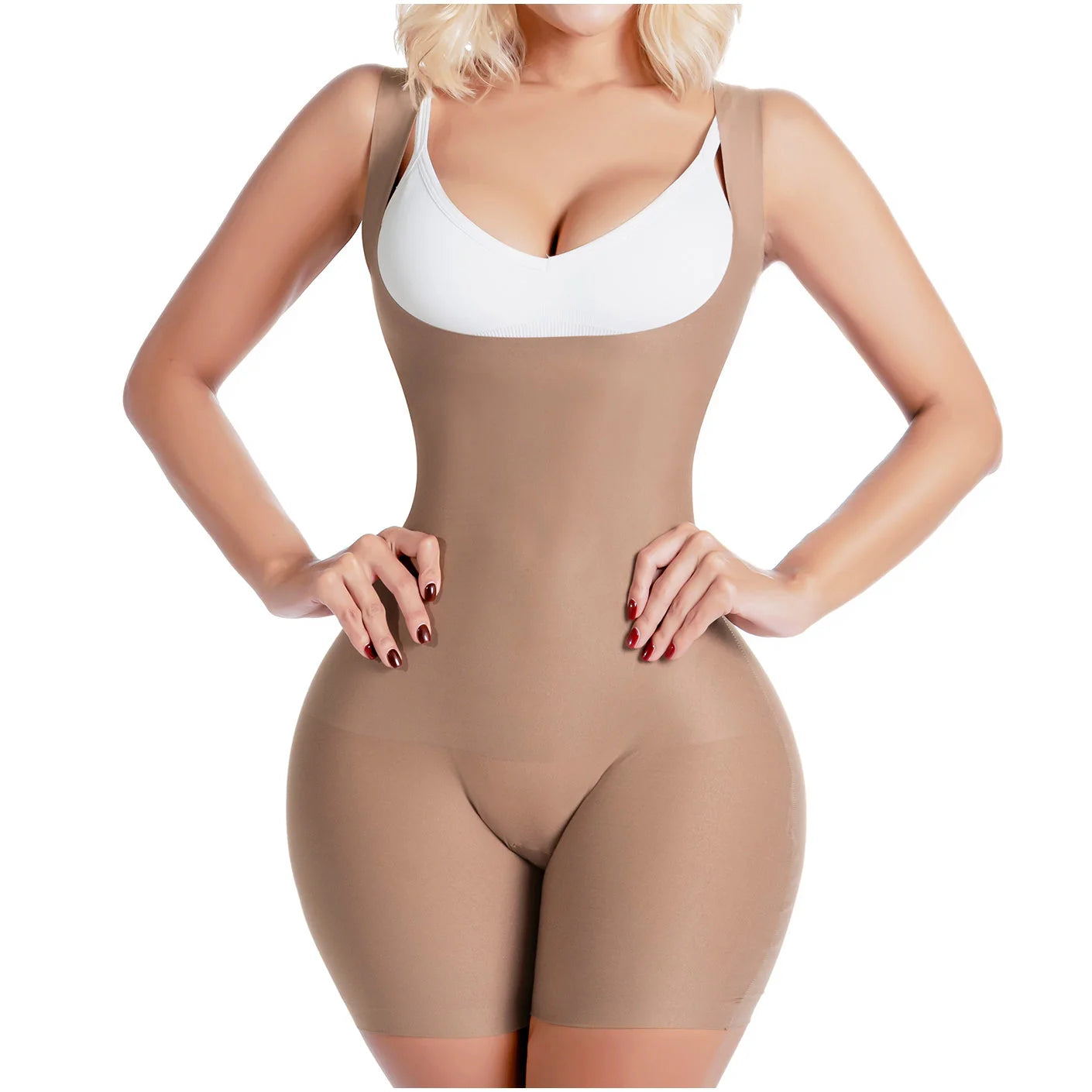 Beige shapewear worn by a model on a white background