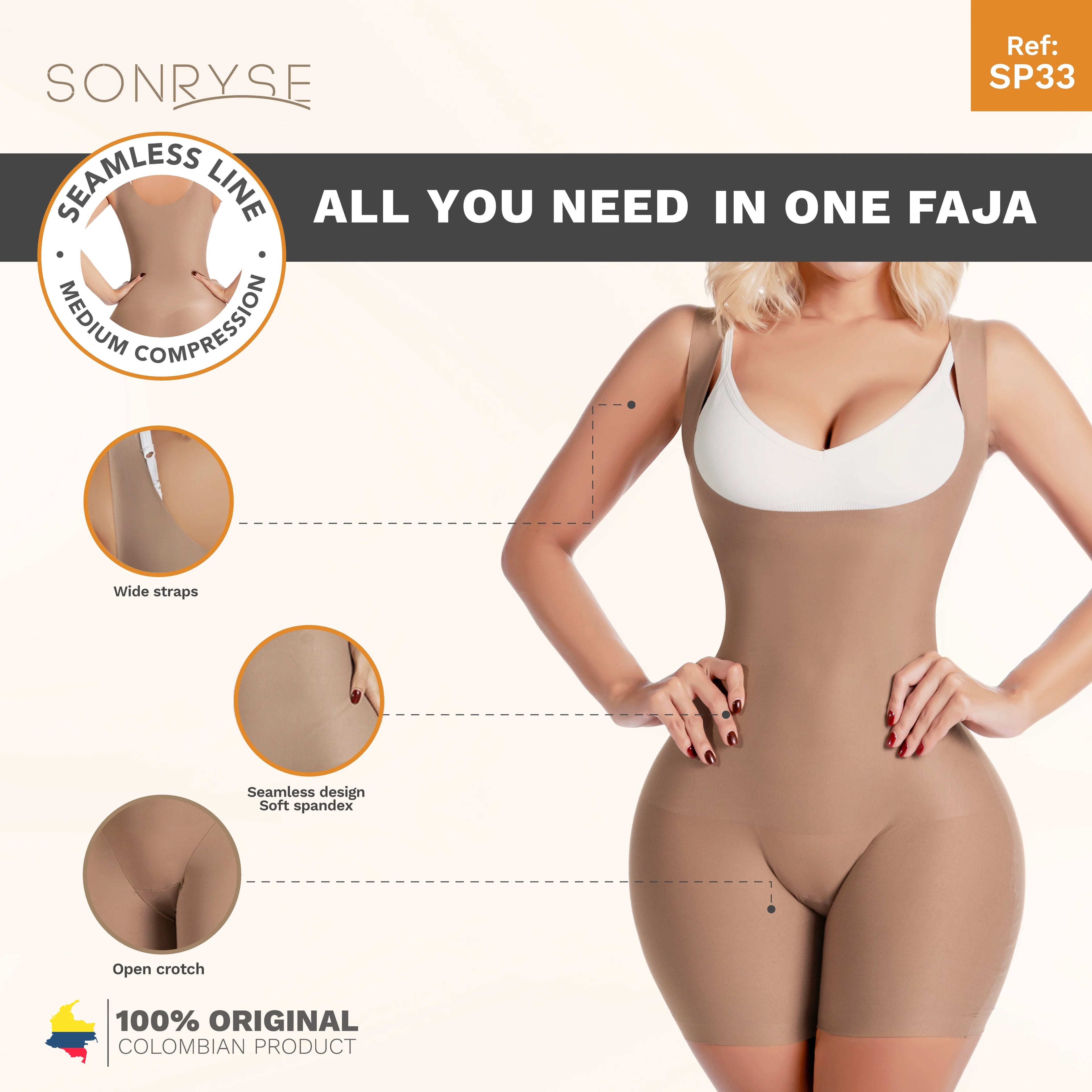 Sonryse SP33NC Colombian Shapewear for Women – Low Compression Short Faja with Open Bust & Ultra-Light Microfiber for Daily Use and Night Out