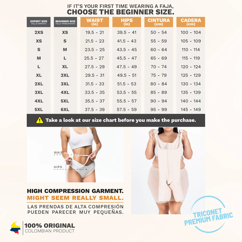 Size chart for afaña garments with waist, hips, and cintura measurements.