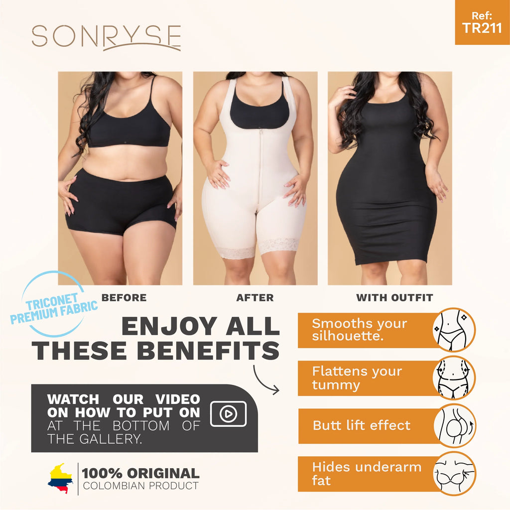Advertisement for Sonryse body shaper with before, after, and with outfit images.