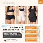 Advertisement for Sonryse body shaper with before, after, and with outfit images.