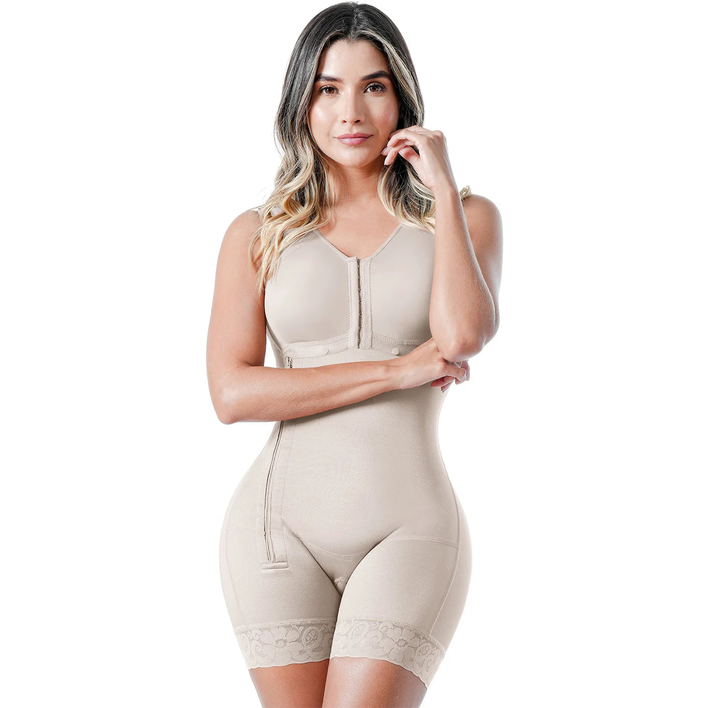 Woman wearing a beige compression garment on a white background