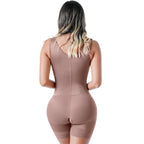 Woman wearing a brown shapewear garment on a white background