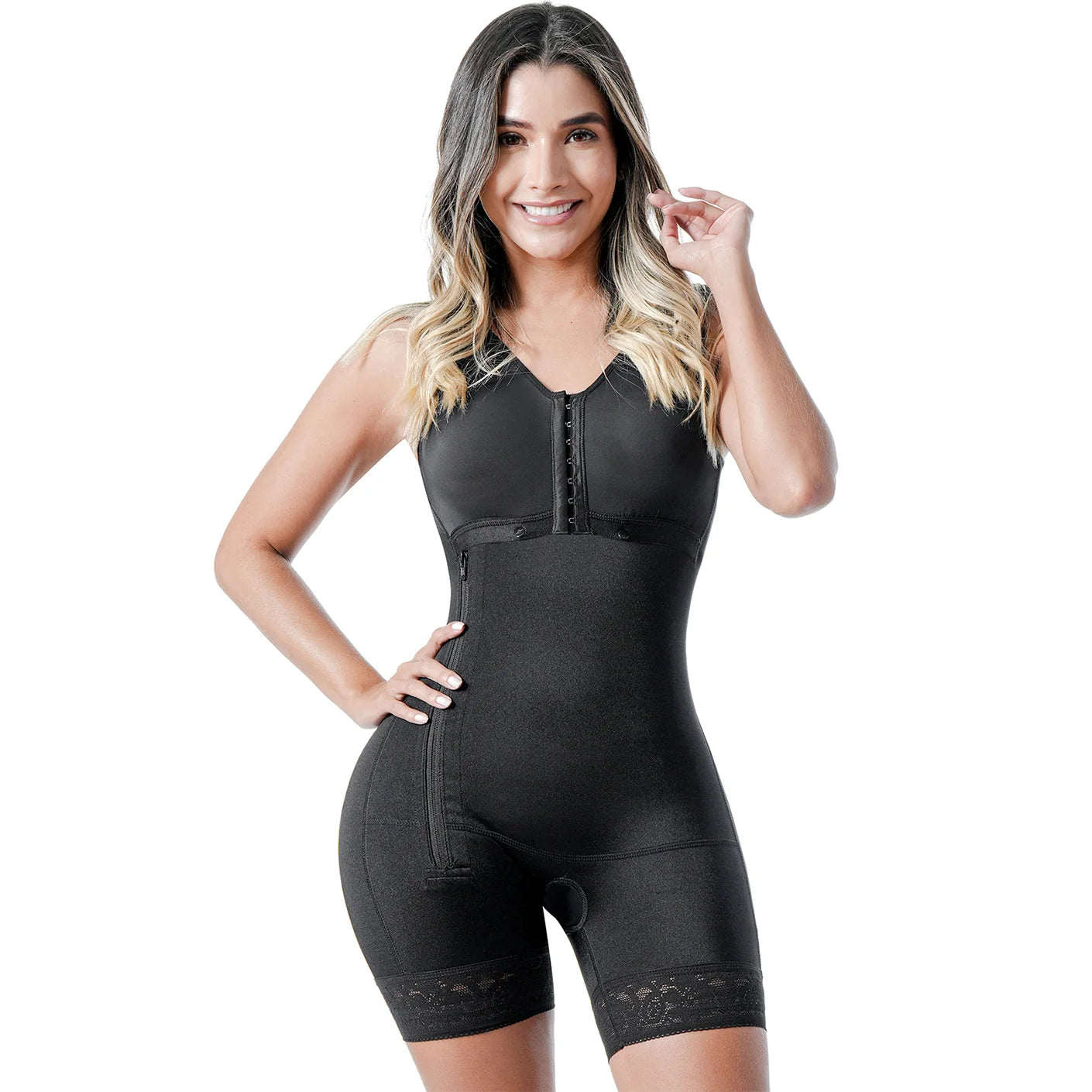 Woman wearing a black bodysuit on a white background