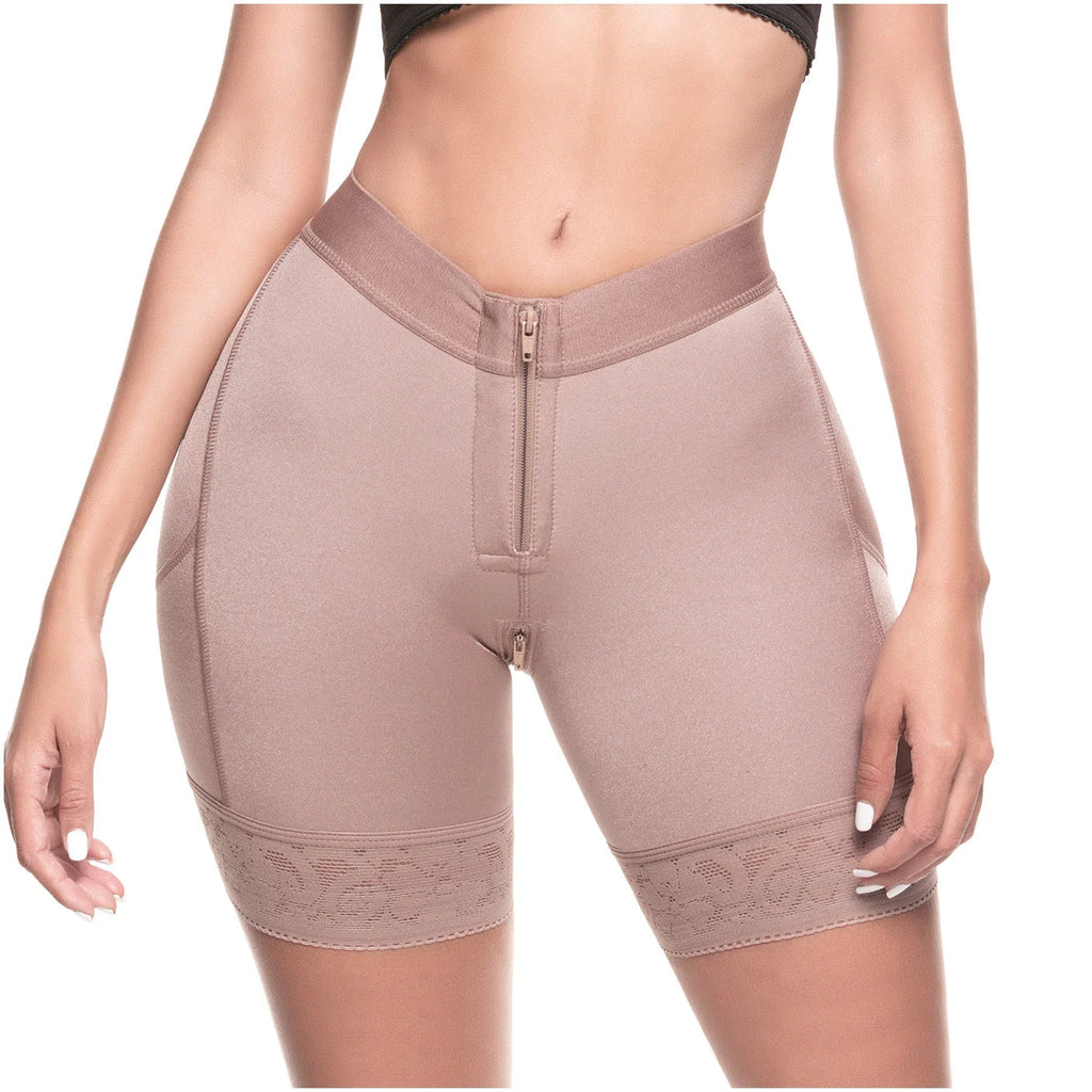 Brown shapewear shorts with a zipper on a white background