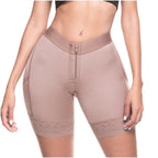 Brown shapewear shorts with a zipper on a white background