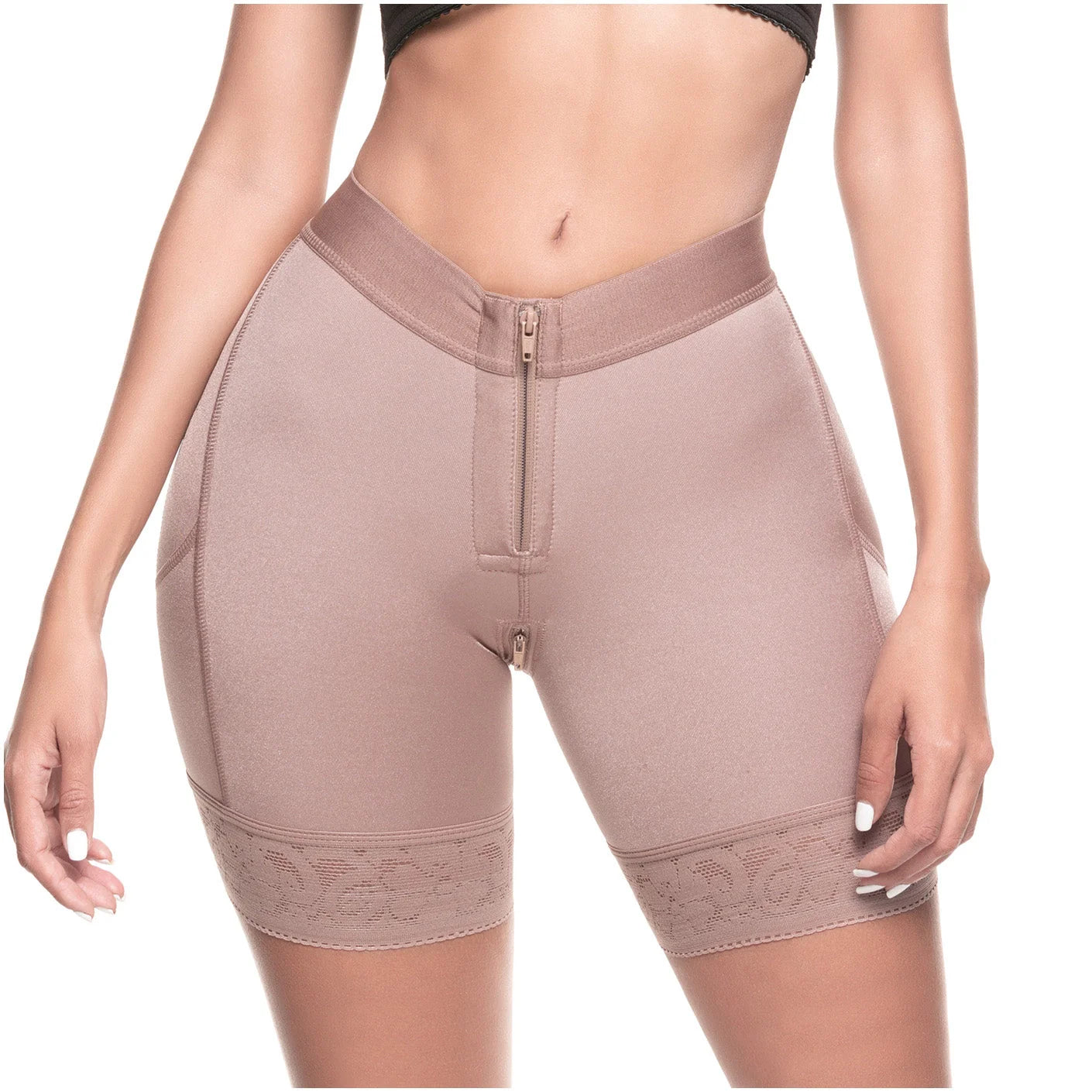 Brown shapewear shorts with a zipper on a white background
