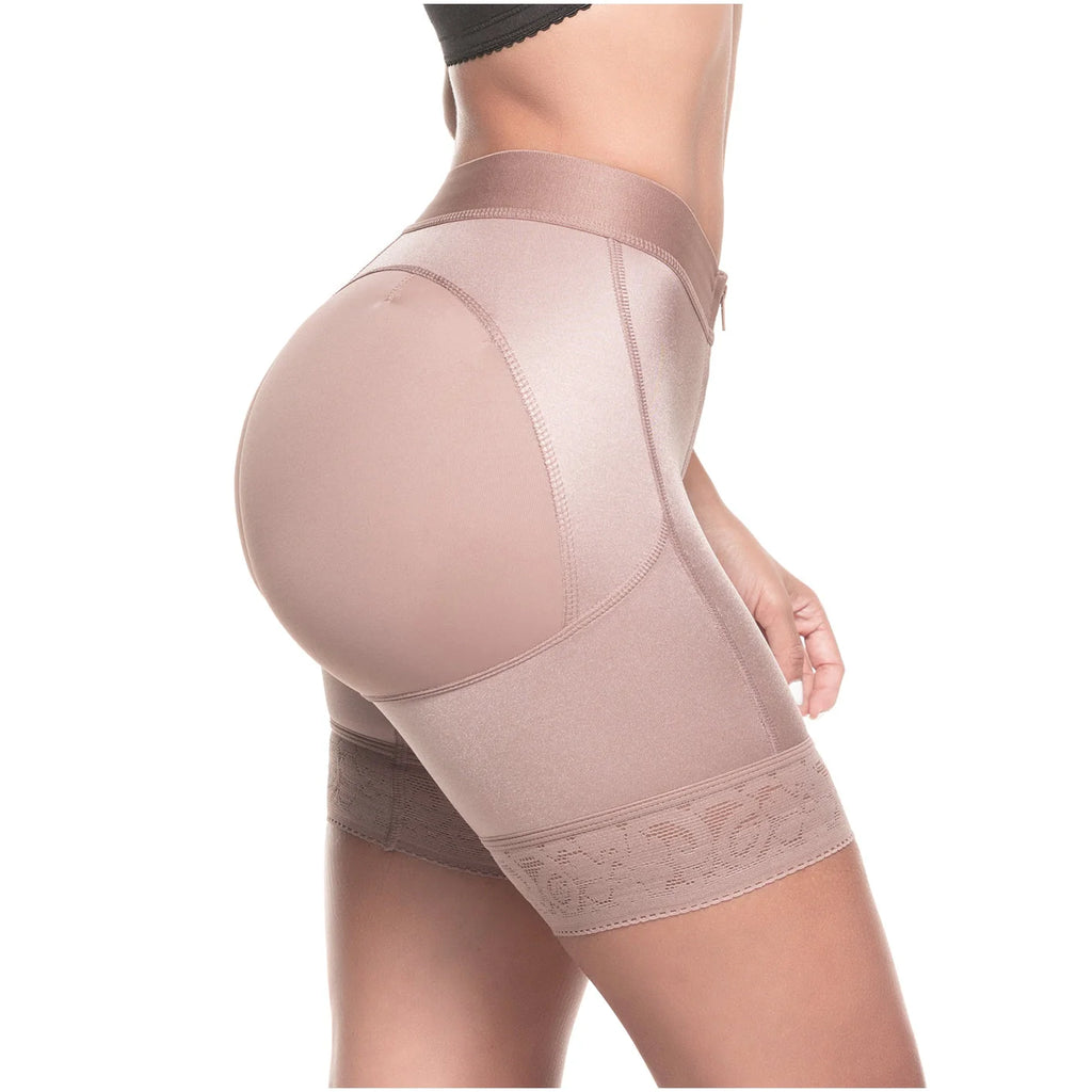 Beige shapewear being worn on a white background