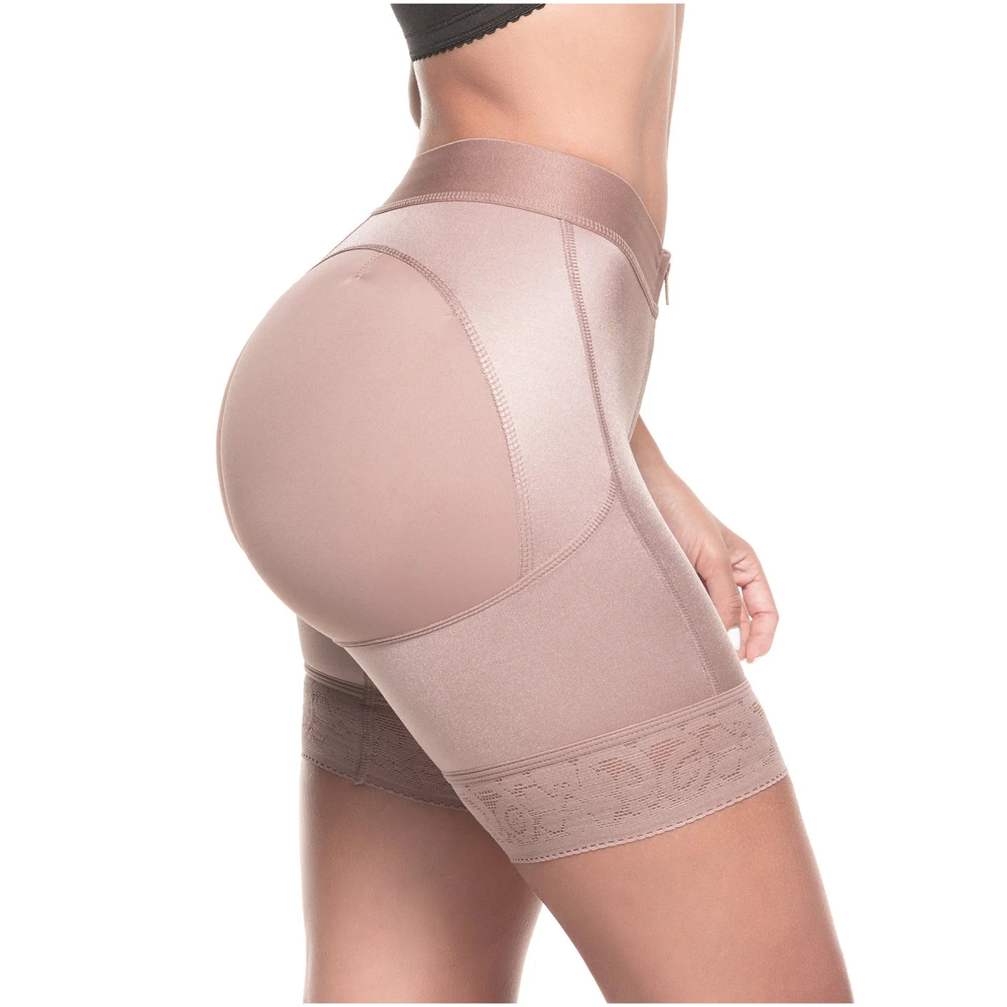 Beige shapewear being worn on a white background
