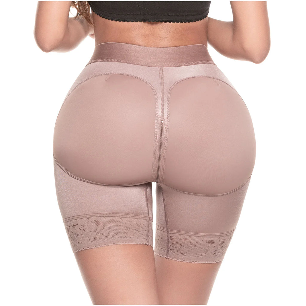 Beige shapewear shorts on a white background