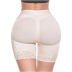 Beige shapewear with lace details on a white background