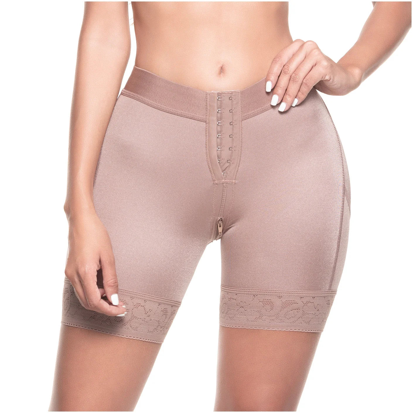 Beige shapewear shorts worn by a person on a white background