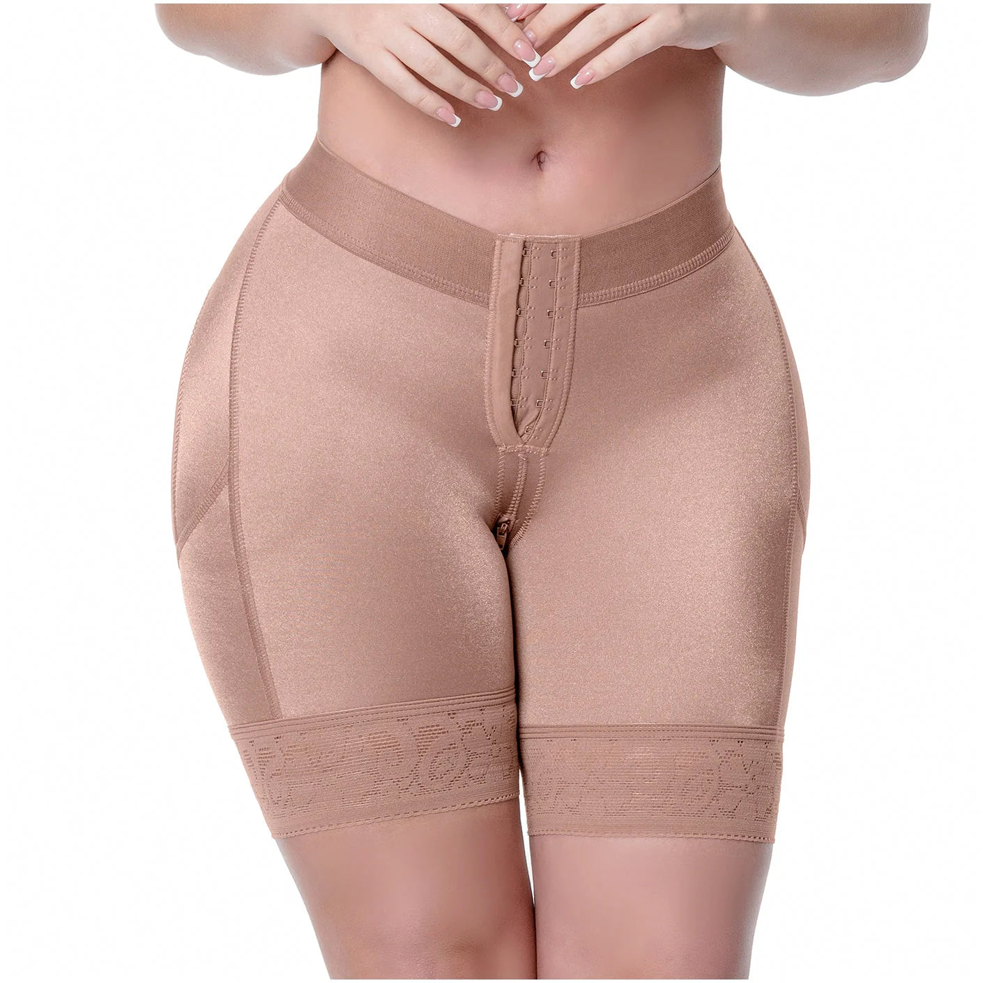 Beige shapewear shorts on a white background