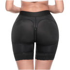 Black shapewear shorts being worn on a white background