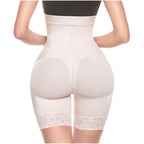 Beige shapewear with lace details on a white background