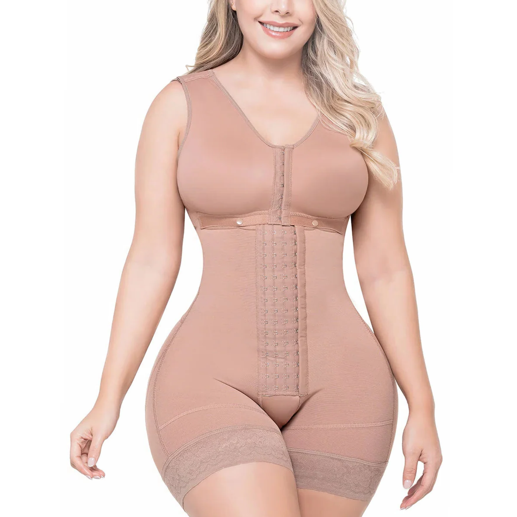Woman wearing a beige shapewear bodysuit on a white background