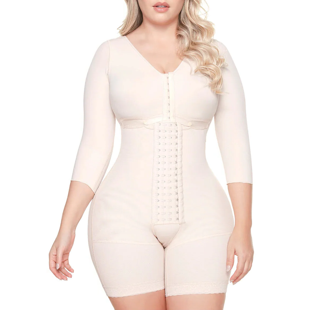 Woman wearing a beige body shaper on a white background