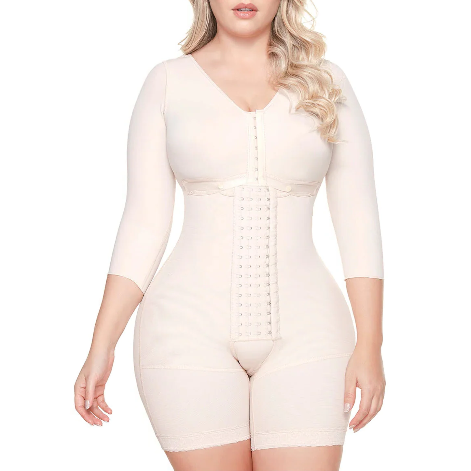 Woman wearing a beige body shaper on a white background