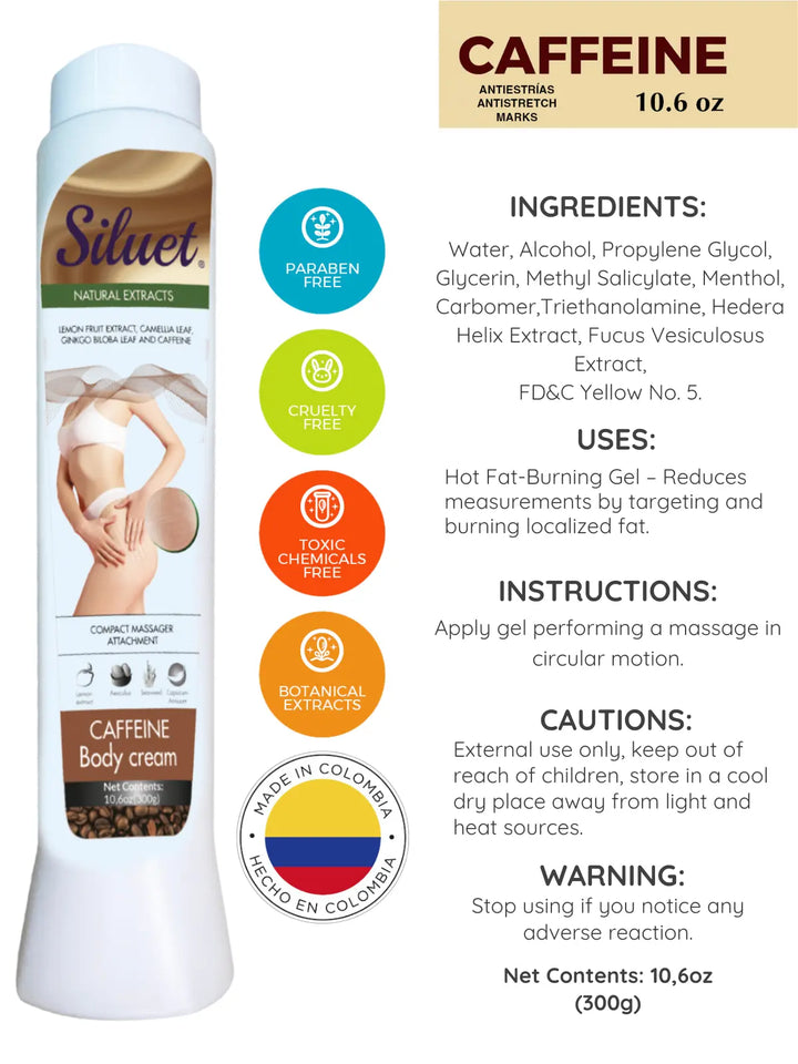 Siluet Caffeine Body Gel with Botanical Extracts – Reduces Stretch Marks & Restores Elasticity (10.6 oz) Siluets