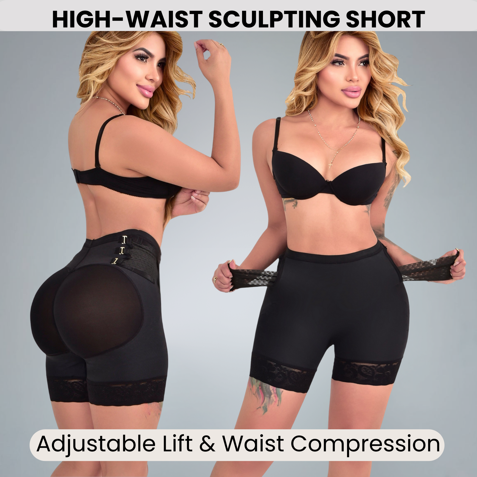 Two views of the Siluet LR5 high-waist butt-lift short showing adjustable lift panels and waist compression.