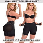 Woman wearing a black high-waist sculpting short with adjustable lift and waist compression feature.