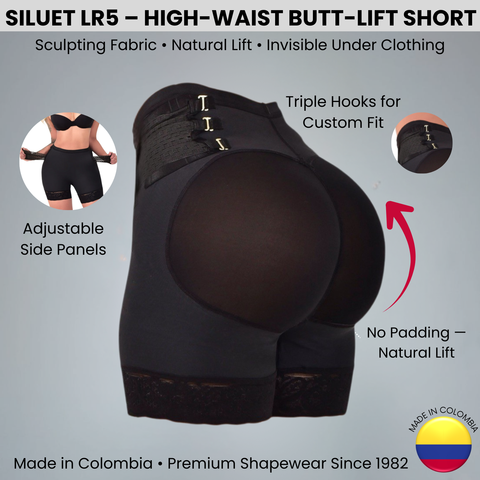 Back view of the Siluet LR5 high-waist butt-lift short showing natural lift design, triple hooks, and adjustable side panel features.