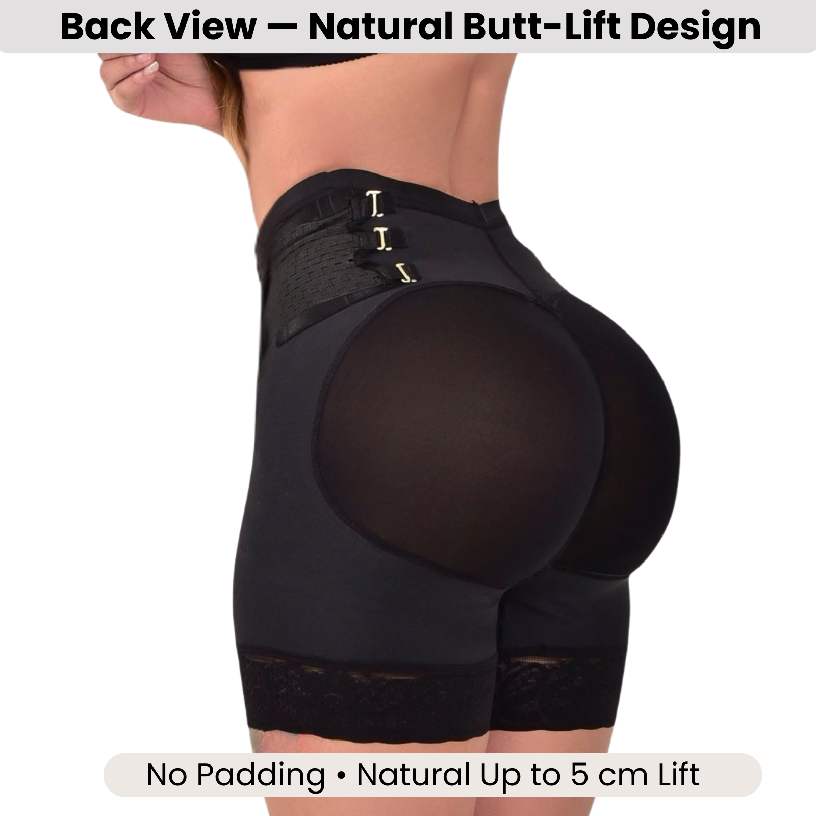 Back view of the Siluet LR5 butt-lift short showing natural lift design and triple-hook waist adjustment.