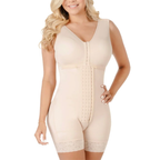 Woman wearing a beige shapewear bodysuit on a white background