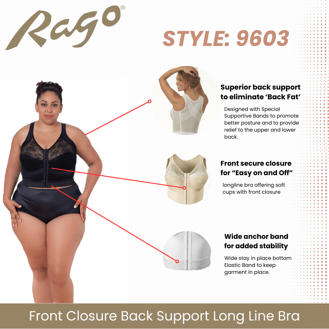 Front Closure Back Support Long Line Bra - Black | Rago Style 9603 - Colombian Shapewear | Siluets