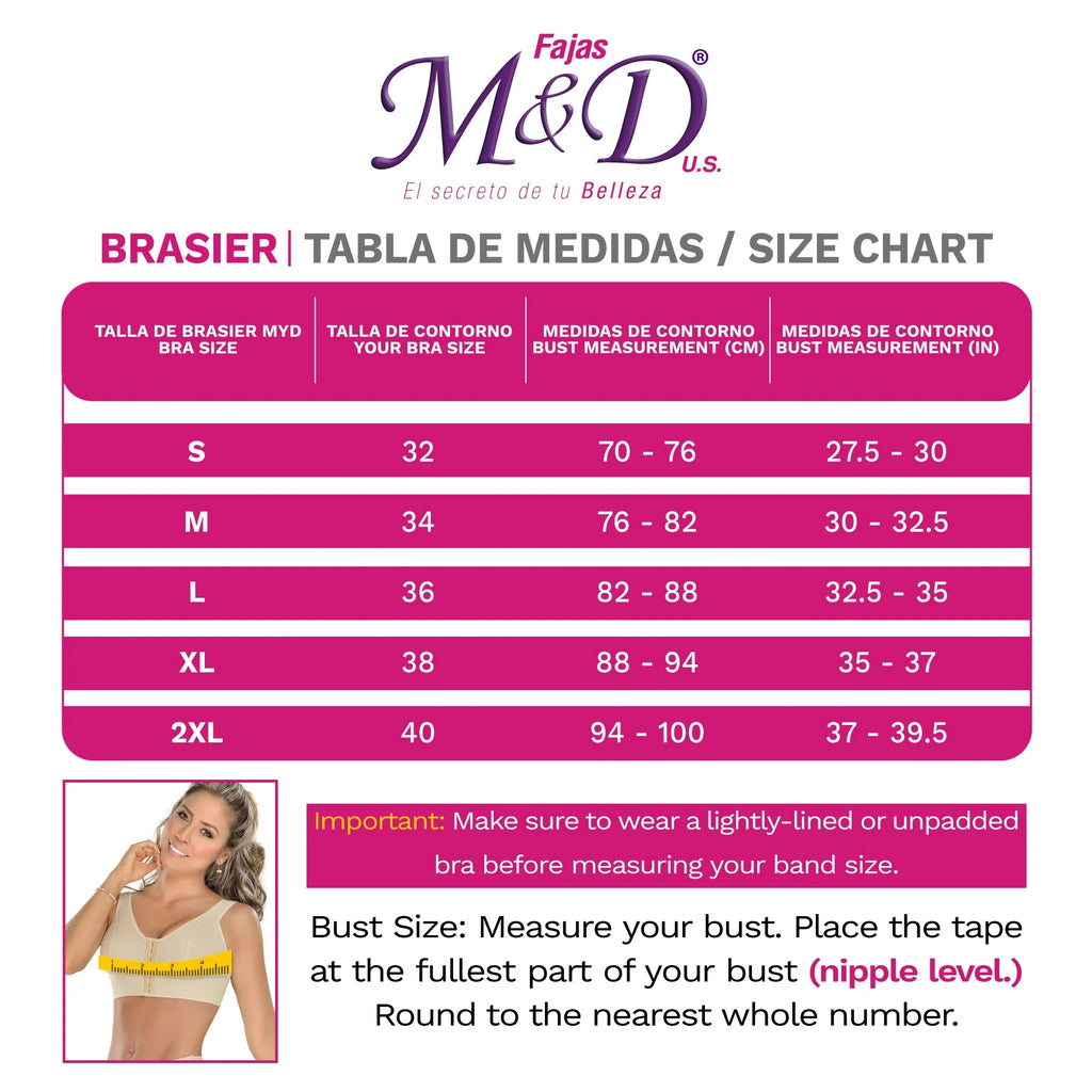 Size chart for bras by Fajas M&D with measurements in centimeters and inches.