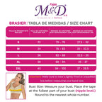 Size chart for bras by Fajas M&D with measurements in centimeters and inches.