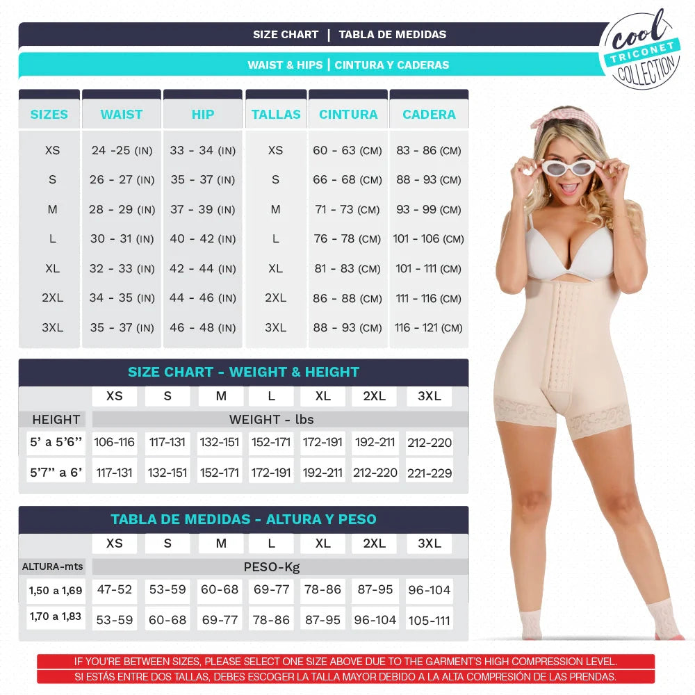 Size chart for waist, hips, and height with a model wearing a shapewear garment.