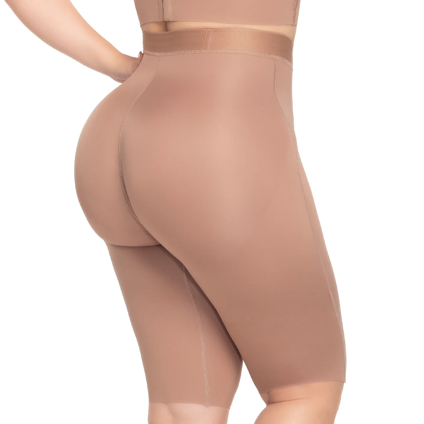 Beige shapewear shorts on a white background