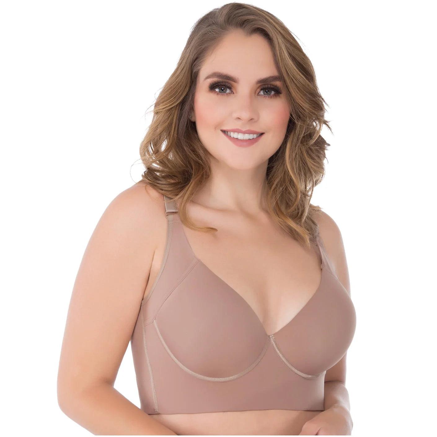 Woman wearing a cocoa color bra on a white background