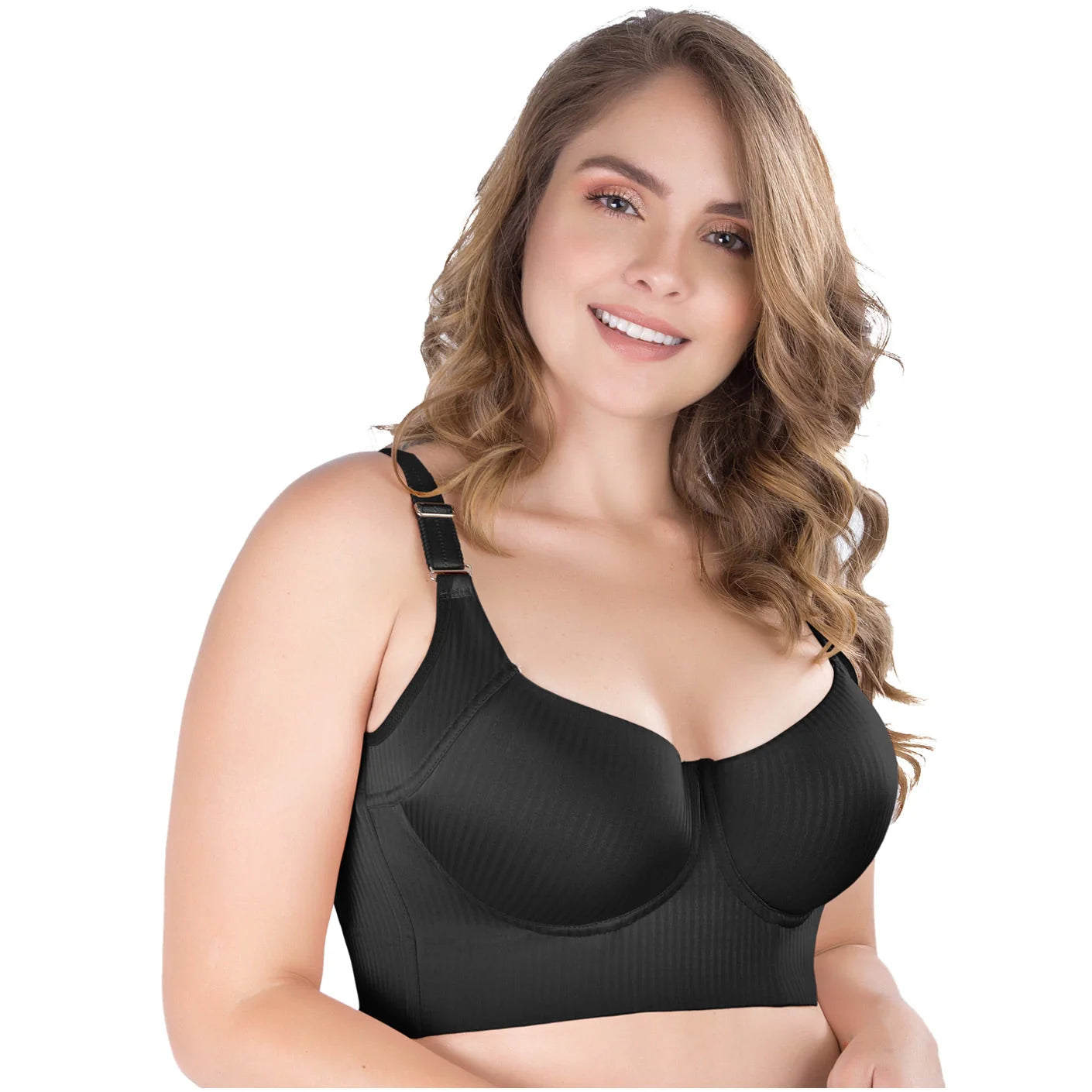 Woman wearing a black bra on a white background