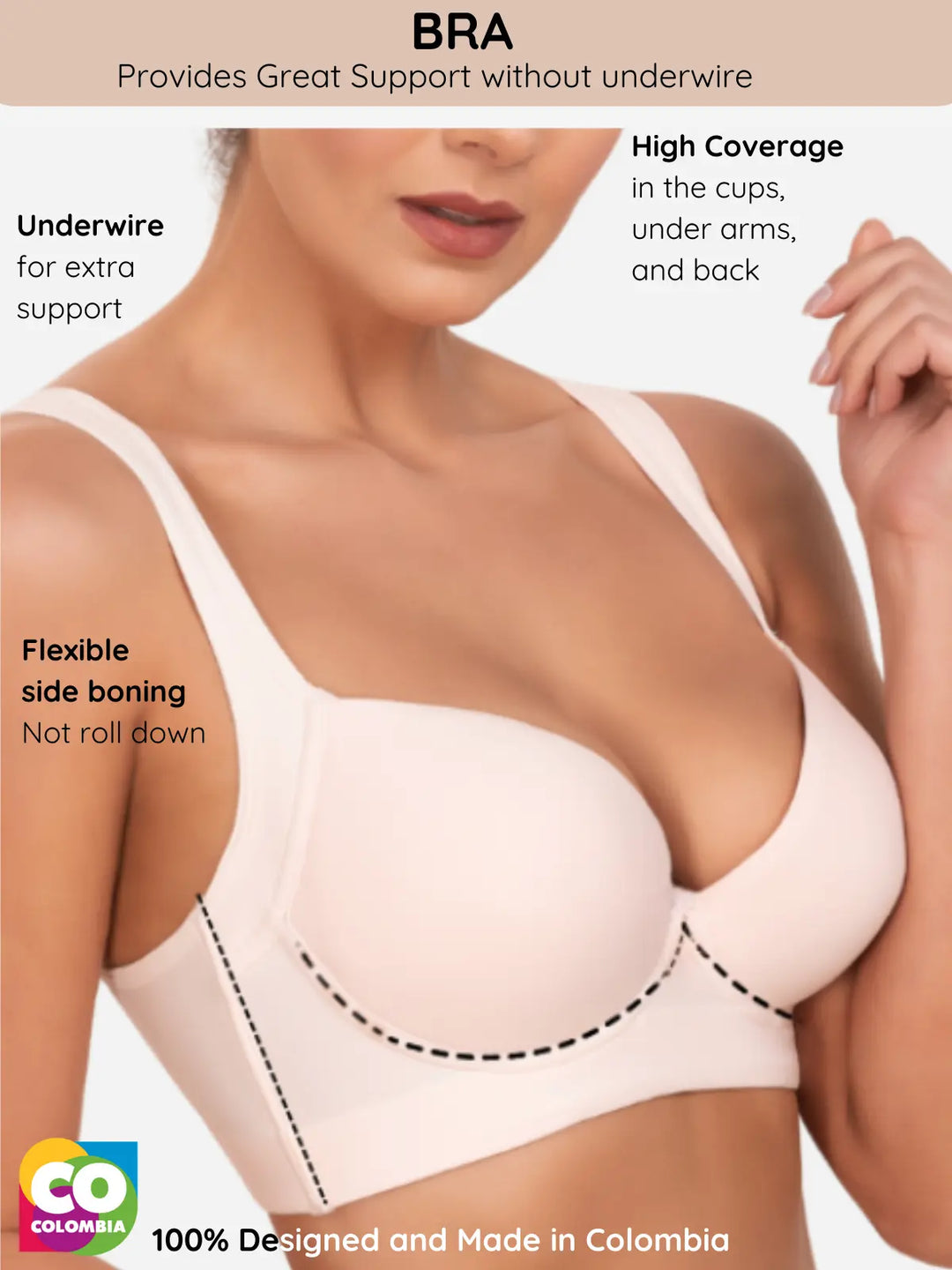 Underwire Support Bra with High Coverage and Flexible Side Boning | No Roll Down | Made in Colombia Siluets