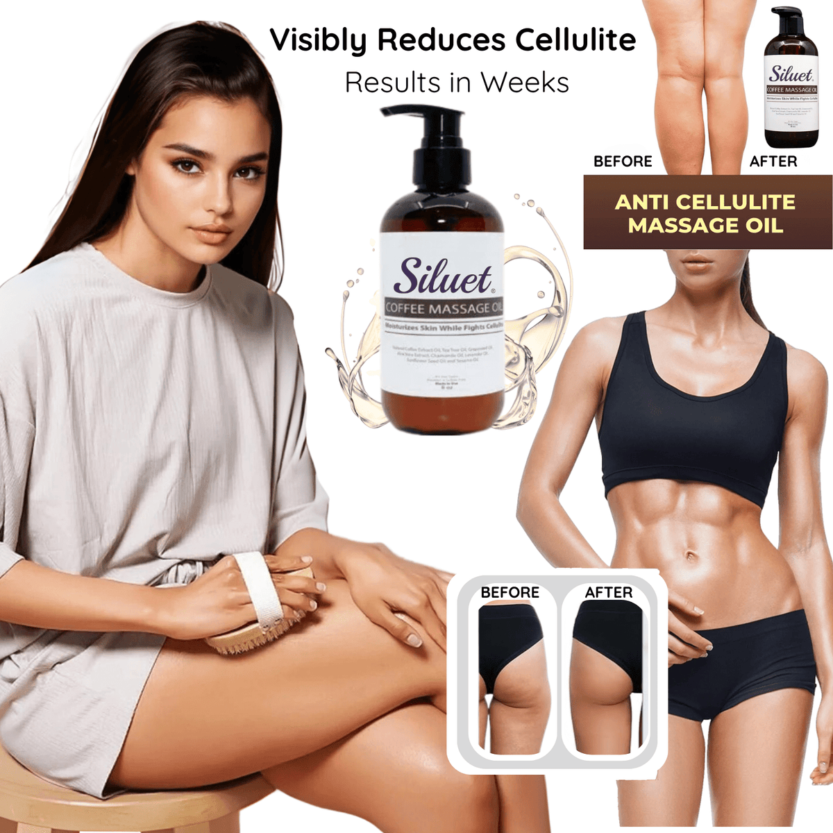 Siluet Coffee Massage Oil – Anti - Cellulite, Stretch Mark & Skin Firming (8 oz) - Colombian Shapewear | Siluets